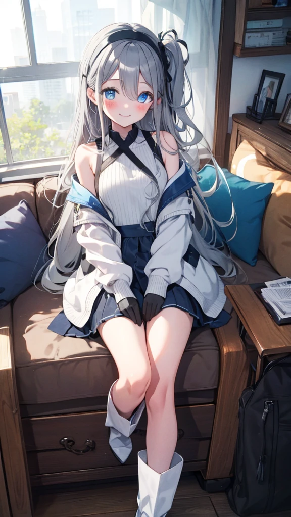 "(highest quality,High resolution:1.2), Cute Smile, Unusual Point of View, White sweater, Medium Shot, Separation Color, shoulder, Blushing, (Gray Hair), White gloves, White boots, blue iris"，star空の背景，star