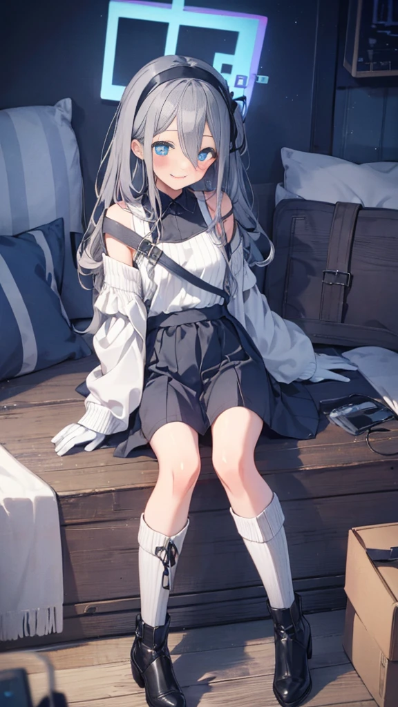 "(highest quality,High resolution:1.2), Cute Smile, Unusual Point of View, White sweater, Medium Shot, Separation Color, shoulder, Blushing, (Gray Hair), White gloves, White boots, blue iris"，star空の背景，star