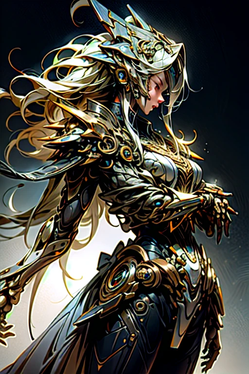 Masterpiece, Best Quality, High Quality, (Futuristic:1.1), (Cyberpunk Costumes), Cinematic Lighting, (Exquisite Future), Beautiful and Beautiful, Ultra Detailed, Great Composition, Floating, Depth of Field, (Very Detailed CG, Unity 8k Wallpaper), (Beautiful Detail Background), Beautiful Hair Detail, Dramatic Lighting, GOGETTA, Mecha, Hands Raised Above Your Head and Looking Up at the Sky