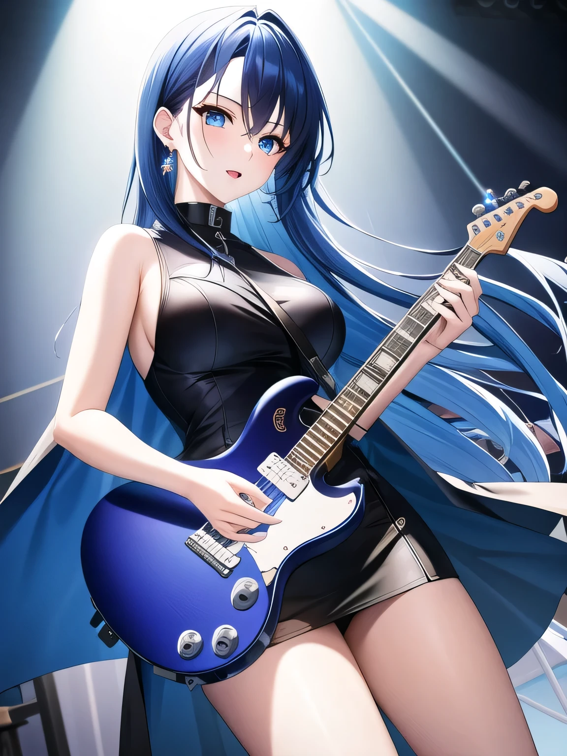 (masterpiece), highest quality, blue eyes, Bright blue hair,(Medium Hair)、Expressive eyes, highlight, Dramatic Light, Black Shirt、Earrings、Concert Hall Stage、Woman playing a white electric guitar、The spotlight on the protagonist、Black long coat、(from side)