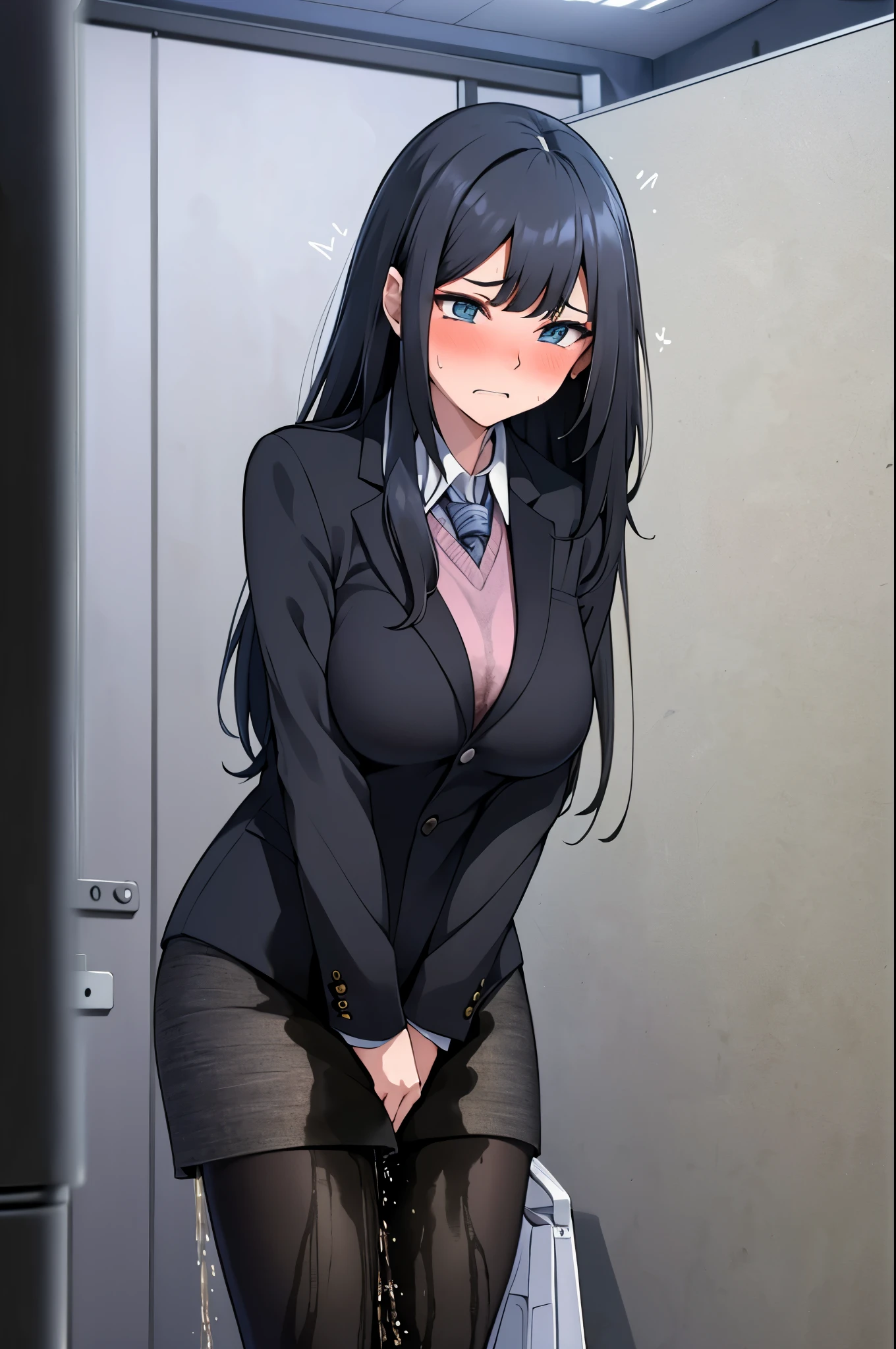 A woman with long black hair and blue eyes, wearing a business outfit consisting of a suit, pencil skirt, and pantyhose. The woman appears to be (wetting herself:1.5), which causes her to feel embarrassed and humiliated, resulting in a blush on her face. In addition, there is an air of anger in her expression. The lighting in the scene is moody, with a spotlight highlighting the woman's figure. She is crossing her arms, (arms crossed:1.5), fully showcasing her skirt., medium breasts