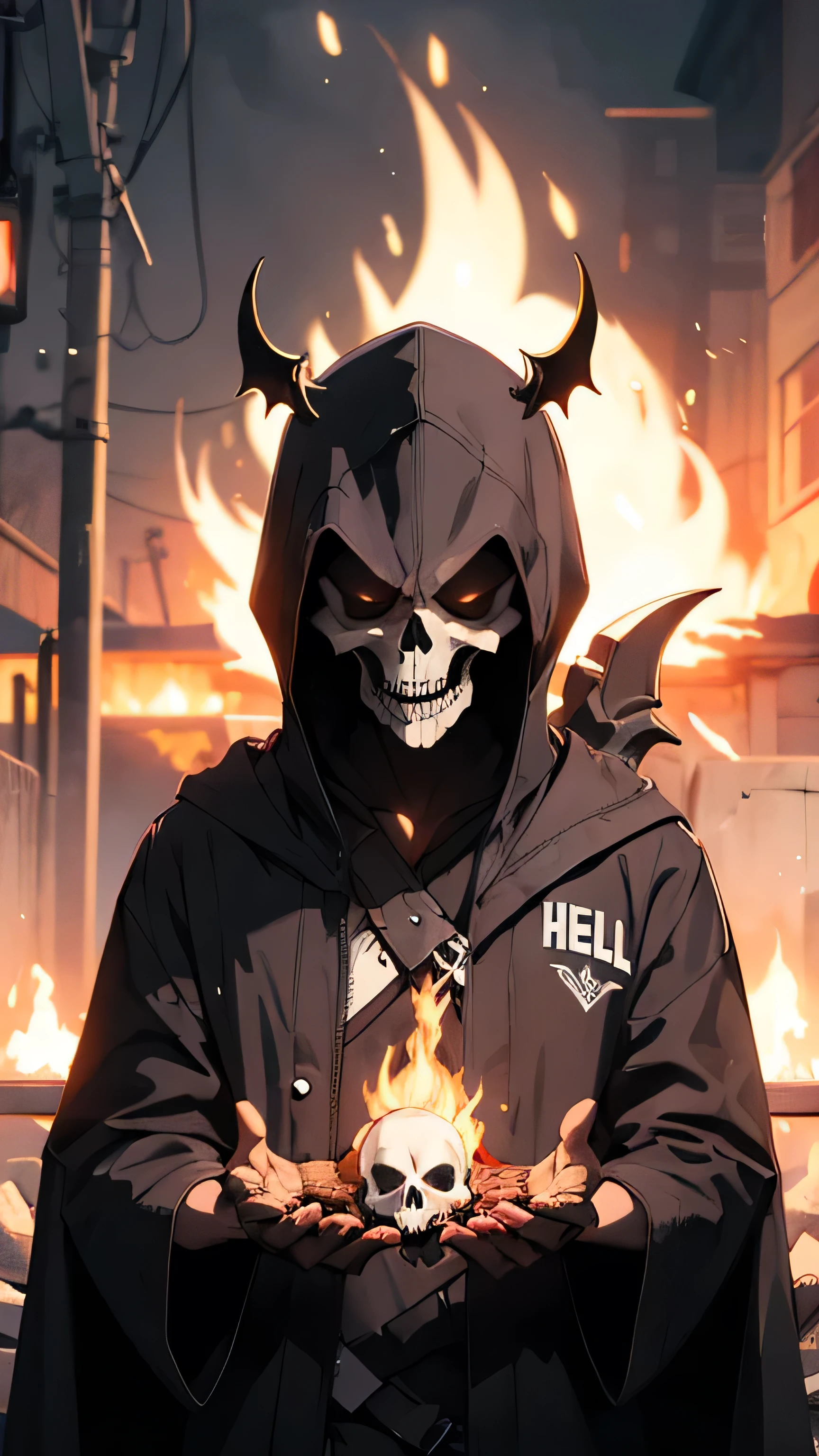 Make A skull grim reaper, hell fire, with A text "keep on FIGHTING TILL the end"