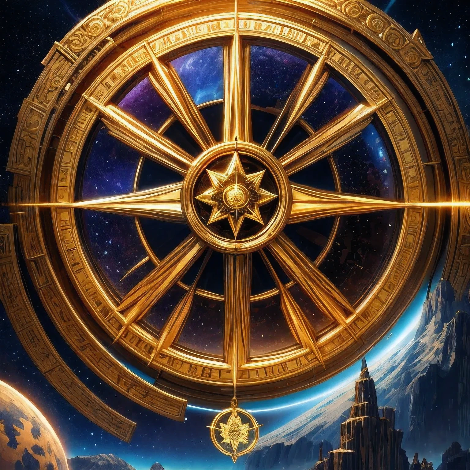 Close-up of Golden Trophies，（（（Trophies）））There is a rainbow star in the middle，There is also a seven-pointed pink star, symmetry!! Concept Art, Futuristic Gilded Star Gate, Fantasy RPG symmetry portrait, symmetry epic fantasy art, Deviantart eka portal, ornate galactic gold, Fantasy game spell symbols, CG art, Astrolabe, Gorgeous gilded space machine, Imperial symbols
