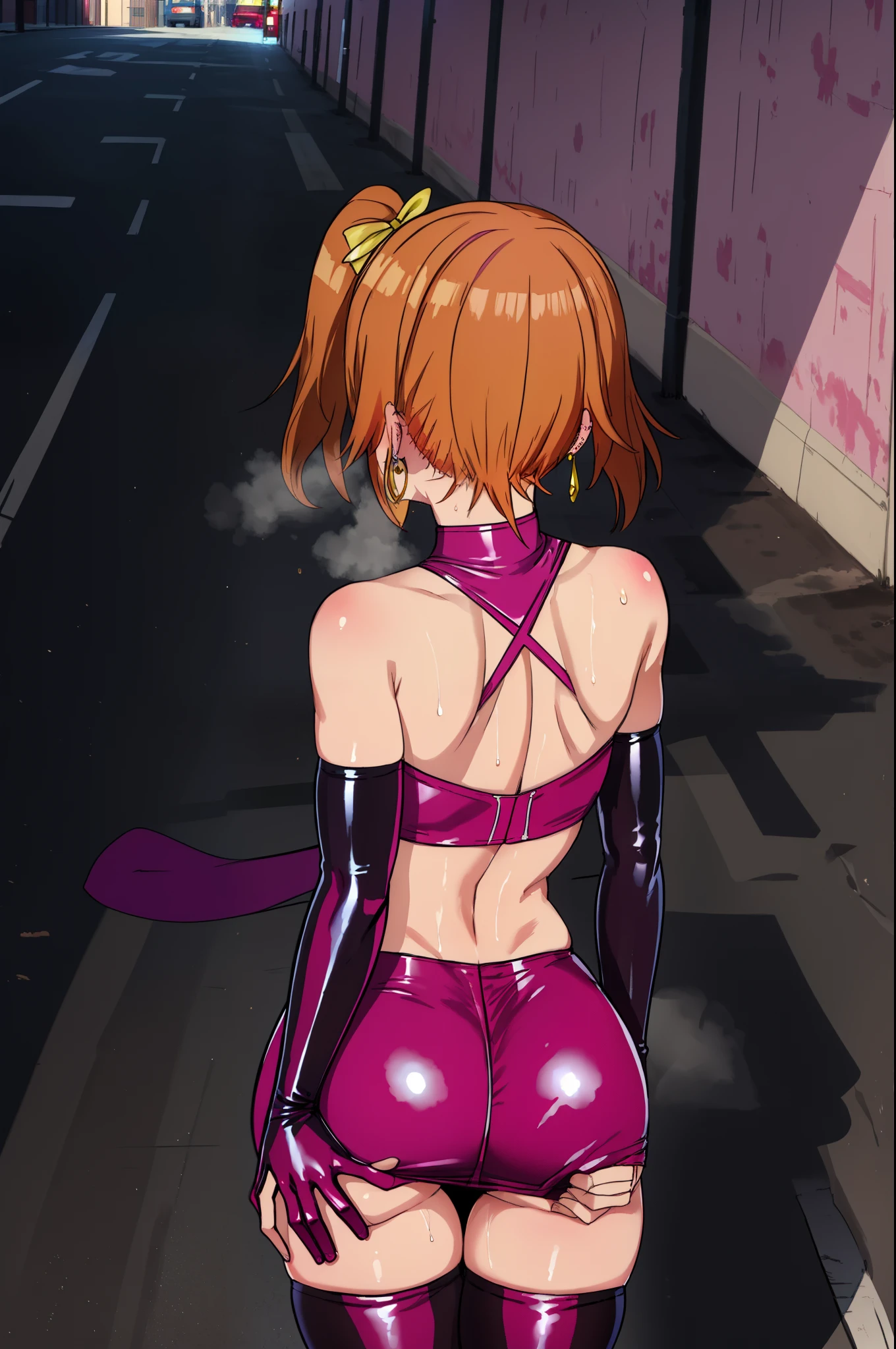 masterpiece, best quality,8k wallpaper, from behind,blue eyes,cowboy shot,kousaka honoka, (pink tight crop top), halter neck,breasts , elbow gloves, (pink latex skirt),,in street , solo, (standing:0.8), earrings , blushing, masturbating ,sweaty, thong, spanked ass