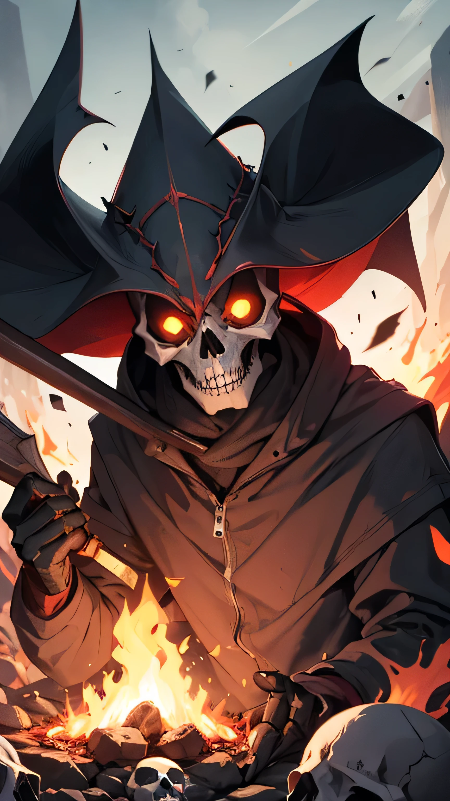Make A skull grim reaper, hell fire, with A text "keep on FIGHTING TILL the end"