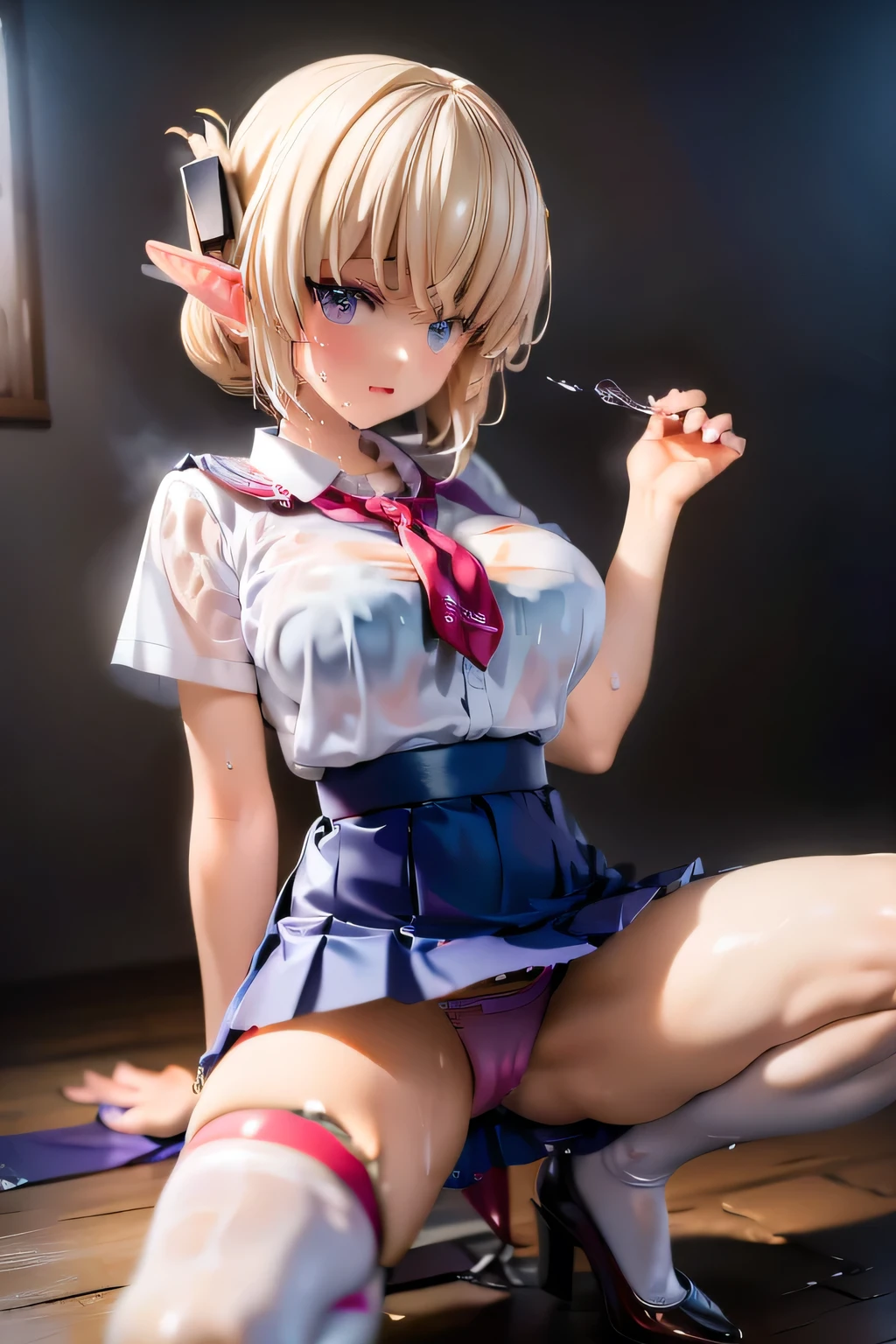 (masterpiece, best quality:1.2),illustration,8k,hd,1girl,solo,upper body,(portrait:1.2), elf girl, elf ears, large breasts,blond short bob hair, skirt,bow,pleated skirt,white shirt,red bowtie,short sleeves,collared shirt,parted bangs,white thighhighs,(summer sailor uniform, serafuku, red butterfly tie, naby pleated micro skirt, celeste string panties), sitting, squatting, spreading legs, (((torn clothes, dripping wet clothes))),