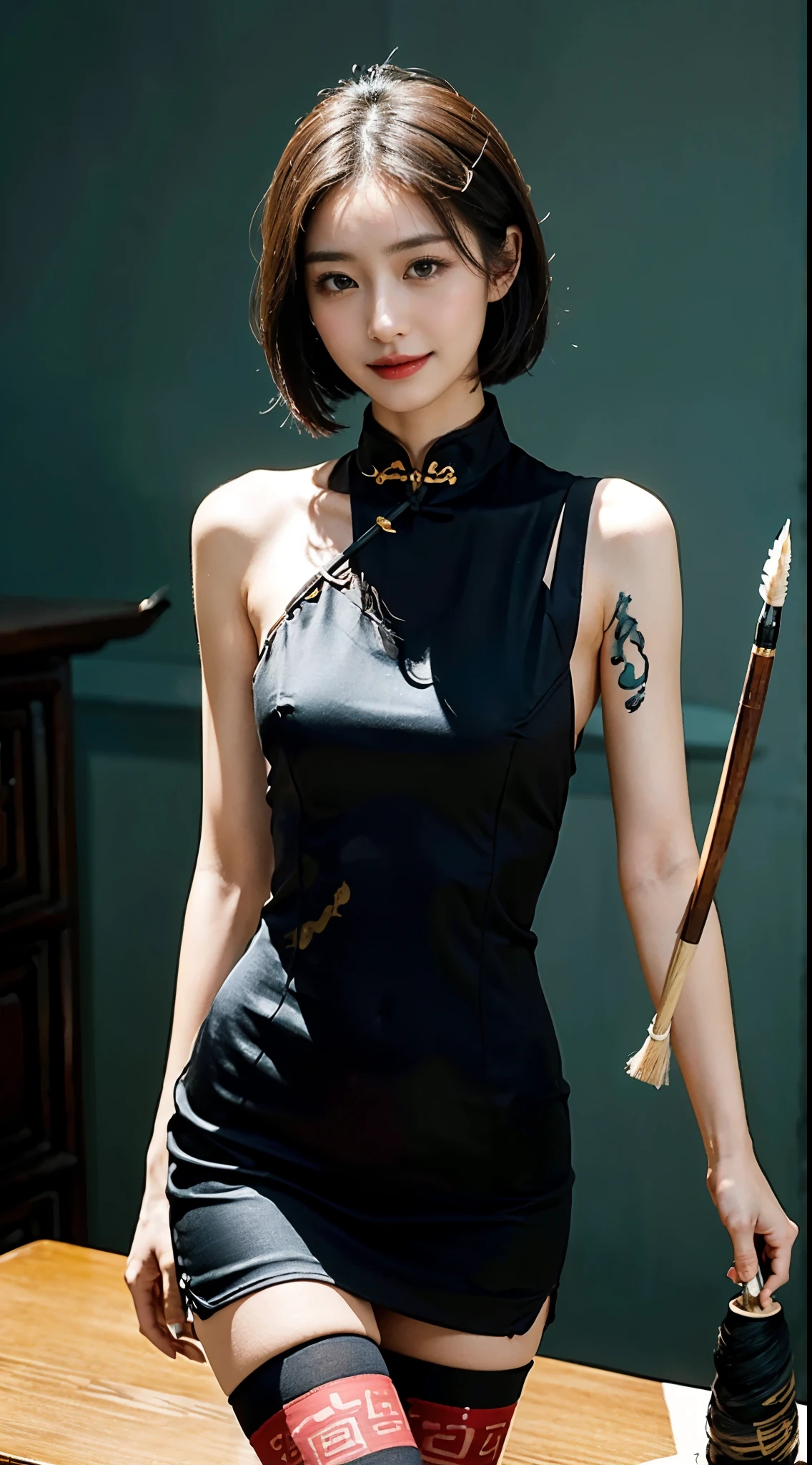 (shoulder-length straight short hair: 1.2),Upper body, （Extremely meticulous CG 8k wallpaper），（Extremely refined and beautiful），（Masterpiece），（best qualtiy:1.0），（Ultra High Resolution:1.0），beautiful light up，Perfect lightning，realistic shaded，[A high resolution]),(Smooth and flawless fair skin:1.5),(shiny skin:1.5),Extremely exquisite facial details，ultra - detailed，A  girl，small head，Smile，cheerfulness,Summer，afternoon，Close Shot，at home，In living room,Blue green background，(Standing at a large table:1.3),（Very large white papers on the table:1.3）,enjoying a comfortable and intoxicated expression,small face，（perfect body:1.1）,small breasts，flat chest，slim，thin,collar,(orange cheongsam:1.3)，Slender legs，shoulders off，bare shoulders，Charming collarbone，flowers,sideways，(Holding a Chinese writing brush in right hand:1.5),lean forward,(Practicing Chinese calligraphy:1.5),(Black stockings:1.3),ink and inkstone,(cowboy shot:1.3),The belly button and the surrounding area are exposed,