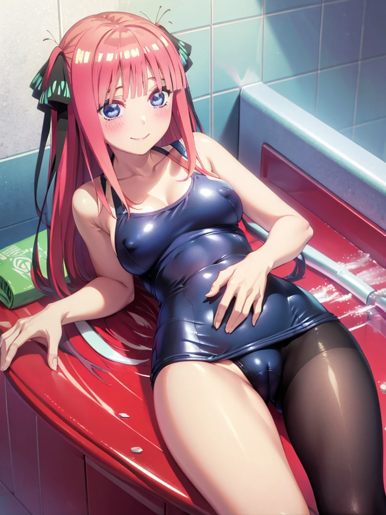 best quality, ultra-detailed masterpiece, nsfw, nino nakano, one-piece swimsuit, breasts, pantyhose, blush, smile, pussy, bathroom