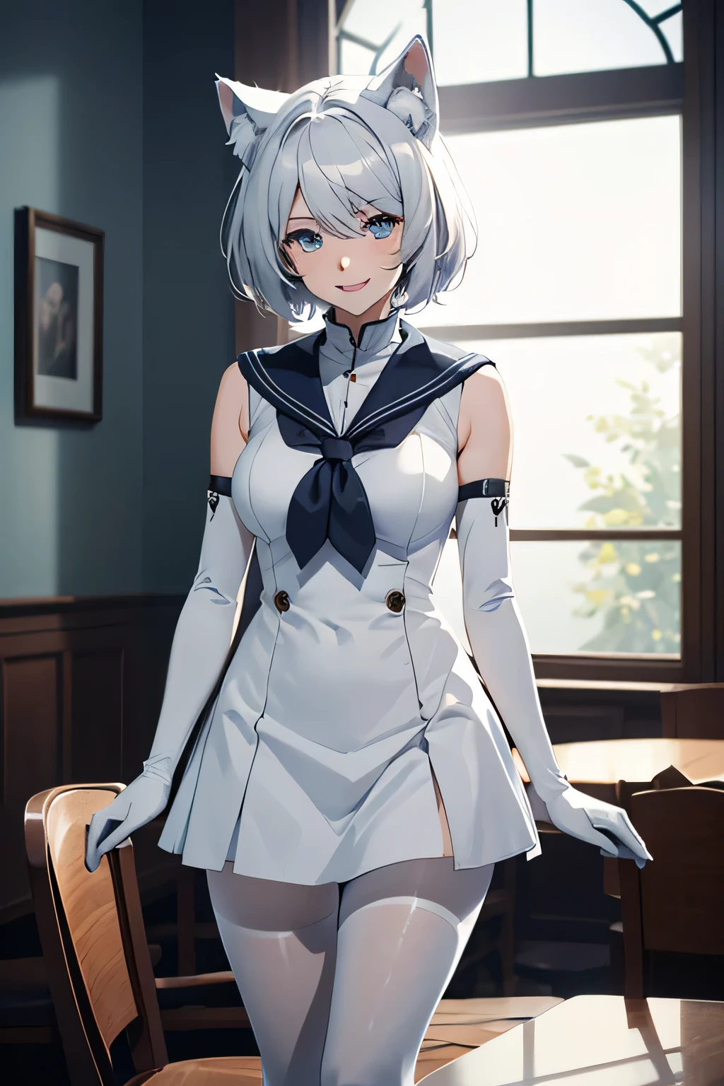 Tabletop　High resolution　Best image quality　8k　 Adult female　Portraiture　White long gloves（Elbow Gloves）　White Pantyhose　Sailor suit（Sleeveless）　White wolf ears　short hair（（Shortcuts）（Gray Hair）（Perm）（fluffy））　Eye color is blue　Attractive face（（Laughter）（smile）（Open your mouth））　Are standing　Place your hands on your knees　slouch