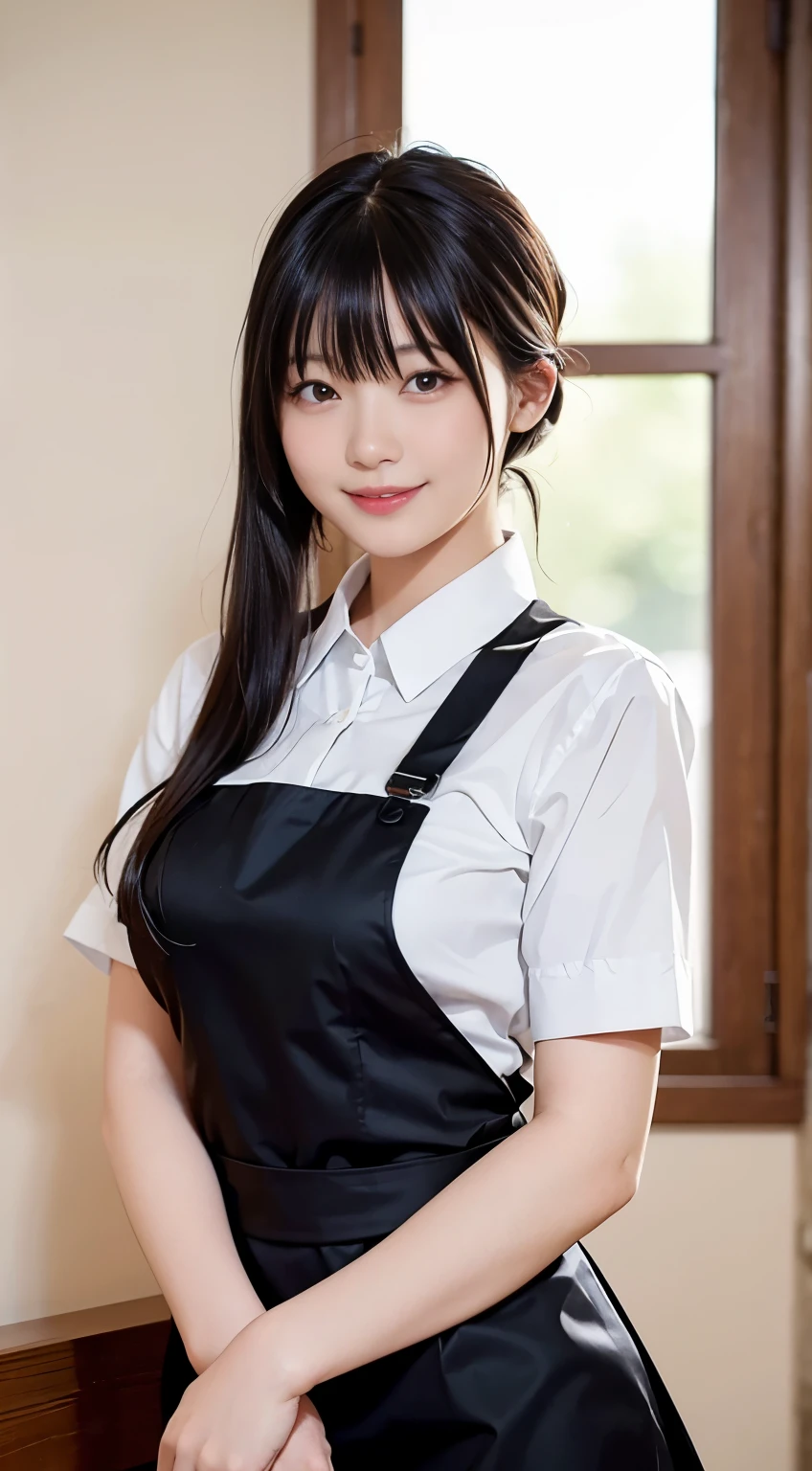 (highest quality,masterpiece:1.3,Ultra-high resolution,),(Very detailed,Caustics),(Photorealistic:1.4,RAW shooting,)Ultra-Realistic Capture,Very detailed,High resolution 16K human skin closeup。 Natural skin texture、,Pores、、、、It must be detailed enough to be easily identifiable。 Skin tone is even and healthy looking。 Use natural light and color,restaurant,Waitress Uniform,1 girl,Japanese,18-year-old,cute,Black-haired,ponytail,Big Breasts,smile,Turn your body forward,(Front view:1.1),Looking at the camera,Cowboy Shot,
