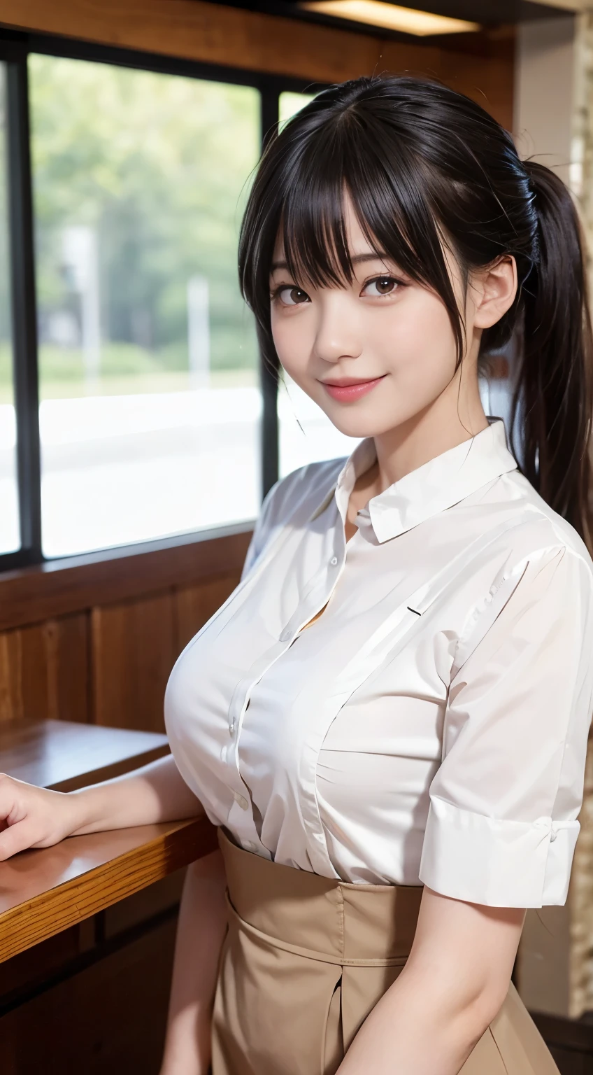 (highest quality,masterpiece:1.3,Ultra-high resolution,),(Very detailed,Caustics),(Photorealistic:1.4,RAW shooting,)Ultra-Realistic Capture,Very detailed,High resolution 16K human skin closeup。 Natural skin texture、,Pores、、、、It must be detailed enough to be easily identifiable。 Skin tone is even and healthy looking。 Use natural light and color,restaurant,Waitress Uniform,1 girl,Japanese,18-year-old,cute,Black-haired,ponytail,Big Breasts,smile,Turn your body forward,(Front view:1.1),Looking at the camera,Cowboy Shot,