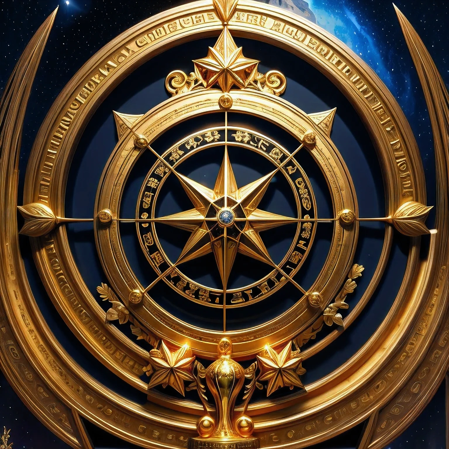 Close-up of Golden Trophies，（（（Trophies）））There is a Trophies in the middle，There is also a seven-Trophies, symmetry!! Concept Art, Futuristic Gilded Star Gate, Fantasy RPG symmetry portrait, symmetry epic fantasy art, Deviantart eka portal, ornate galactic gold, Fantasy game spell symbols, CG art, Astrolabe, Gorgeous gilded space machine, Imperial symbols