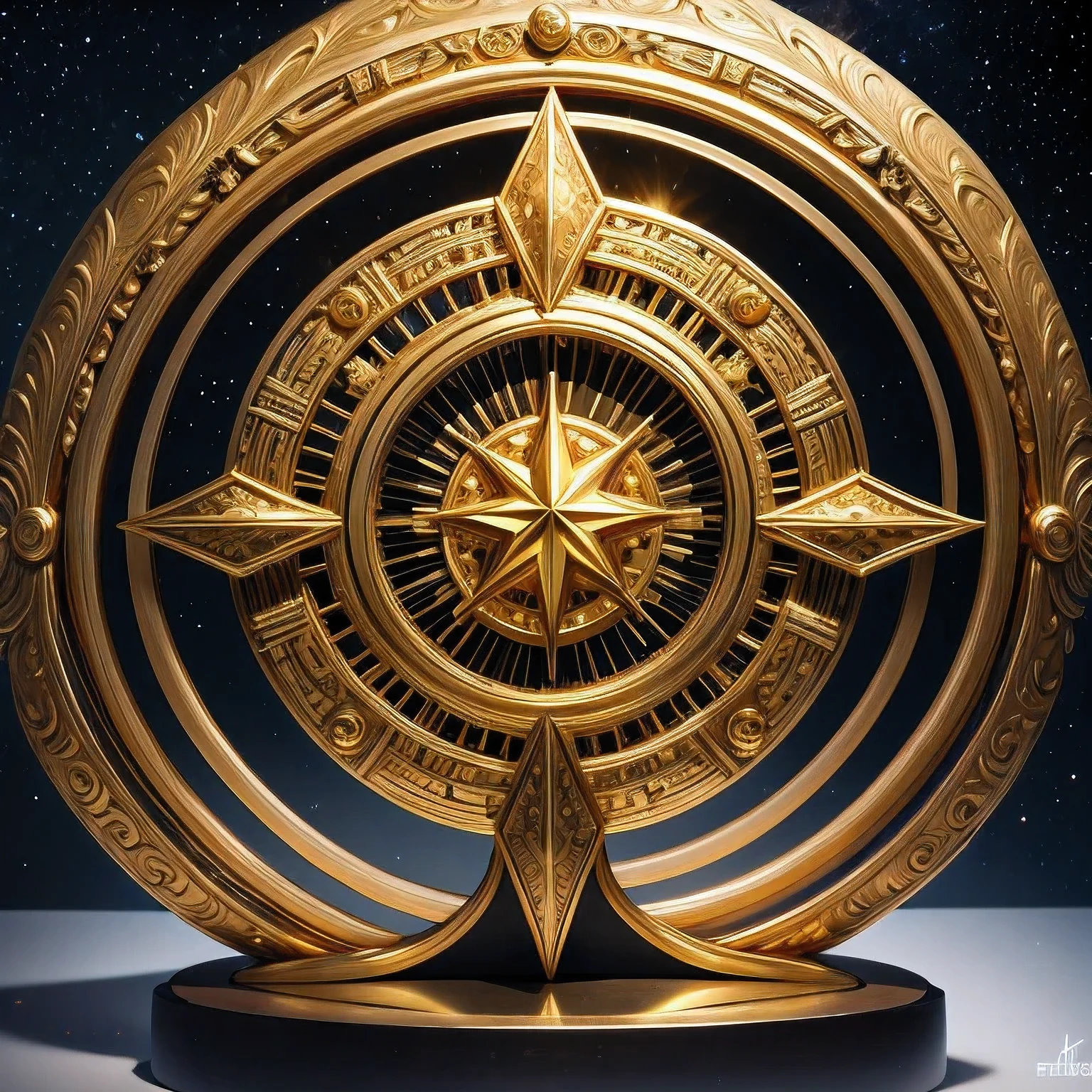 Close-up of Golden Trophies,(((Trophies)))There is a Trophies in the middle,There is also a seven-Trophies, symmetry!! Concept Art, Futuristic Gilded Star Gate, Fantasy RPG symmetry portrait, symmetry epic fantasy art, Deviantart eka portal, ornate galactic gold, Fantasy game spell symbols, CG art, Astrolabe, Gorgeous gilded space machine, Imperial symbols