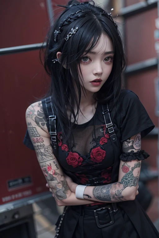 highest quality、8k、masterpiece：1.3、Gothic Punk、The inside color is red、Gray Black Hair、hair ornaments、Beautiful girl、creative、Punk Shirt、Neogoth、Goth Fashion：1.2、High resolution、masterpiece、highest quality、頭w:1.3、((Hasselblad Photos))、Fine skin、Sharp focus、(Cinematic lighting)、Walking the Tokyo Nightlife Behind the Neon, Forehead open, 19 years old、Stroking one&#39;s hair back、Shoulder Bare、One small red rose tattoo on the décolletage