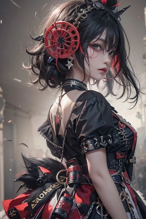 highest quality、8k、masterpiece：1.3、Gothic Punk、The inside color is red、Gray Black Hair、hair ornaments、Beautiful girl、creative、Punk Shirt、Neogoth、Goth Fashion：1.2、High resolution、masterpiece、highest quality、頭w:1.3、((Hasselblad Photos))、Fine skin、Sharp focus、(Cinematic lighting)、Walking the Tokyo Nightlife Behind the Neon, Forehead open, 19 years old、Stroking one&#39;s hair back、Shoulder Bare、One small red rose tattoo on the décolletage