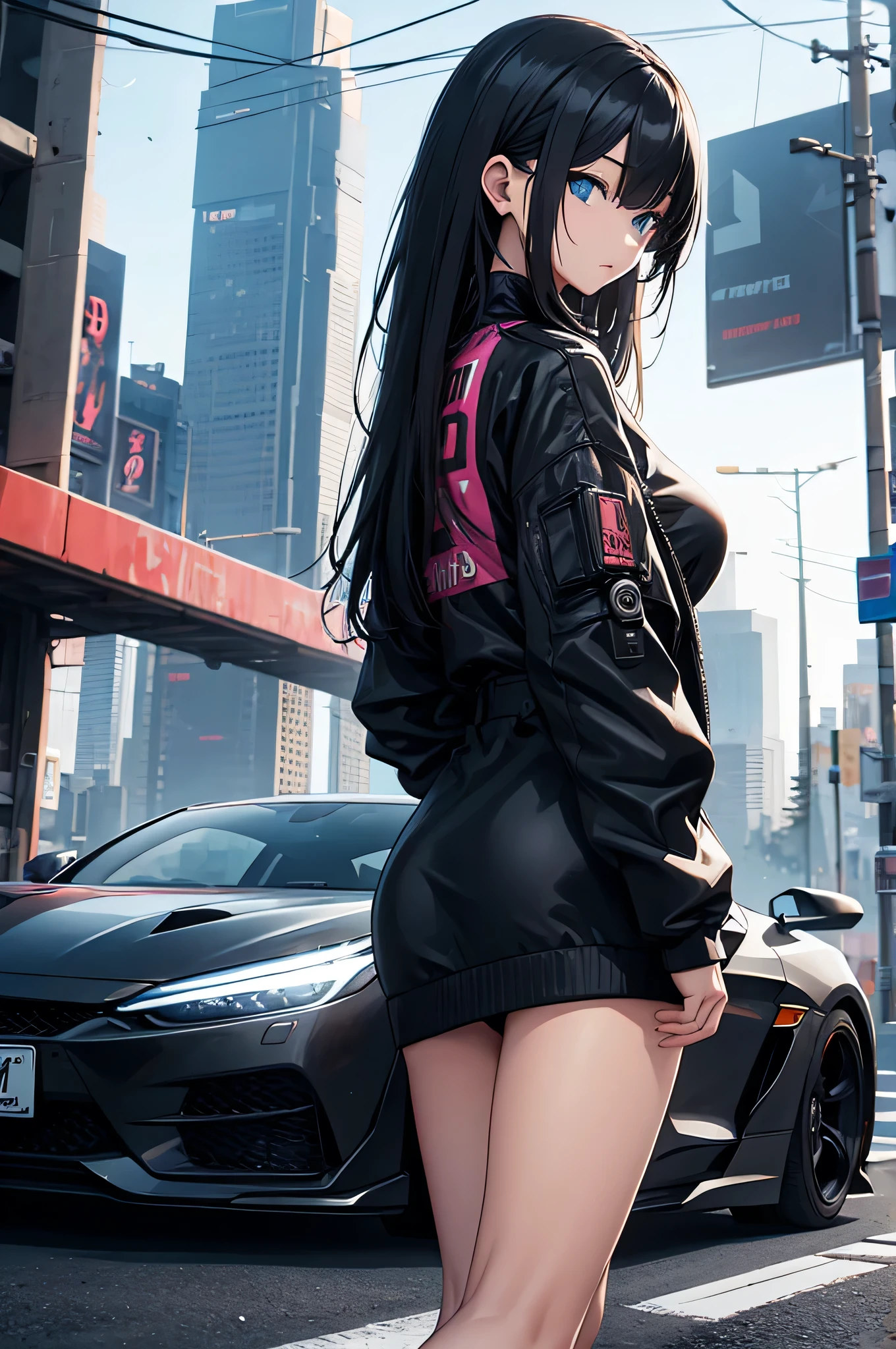 Cyberpunk cars、Girl leaning against car、Rough look、ruins、natta