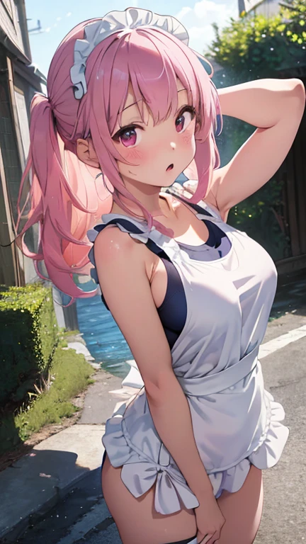 masterpiece、highest quality、Very detailed、Photograph the upper body、1 female、(Arms behind your back:1.4)、Are standing、Turn your body forward、View your viewers、(White prim、School Swimsuit:1.2、apron)、blush、shy、Pink Hair、Open your mouth、Ocean、Big Breasts、