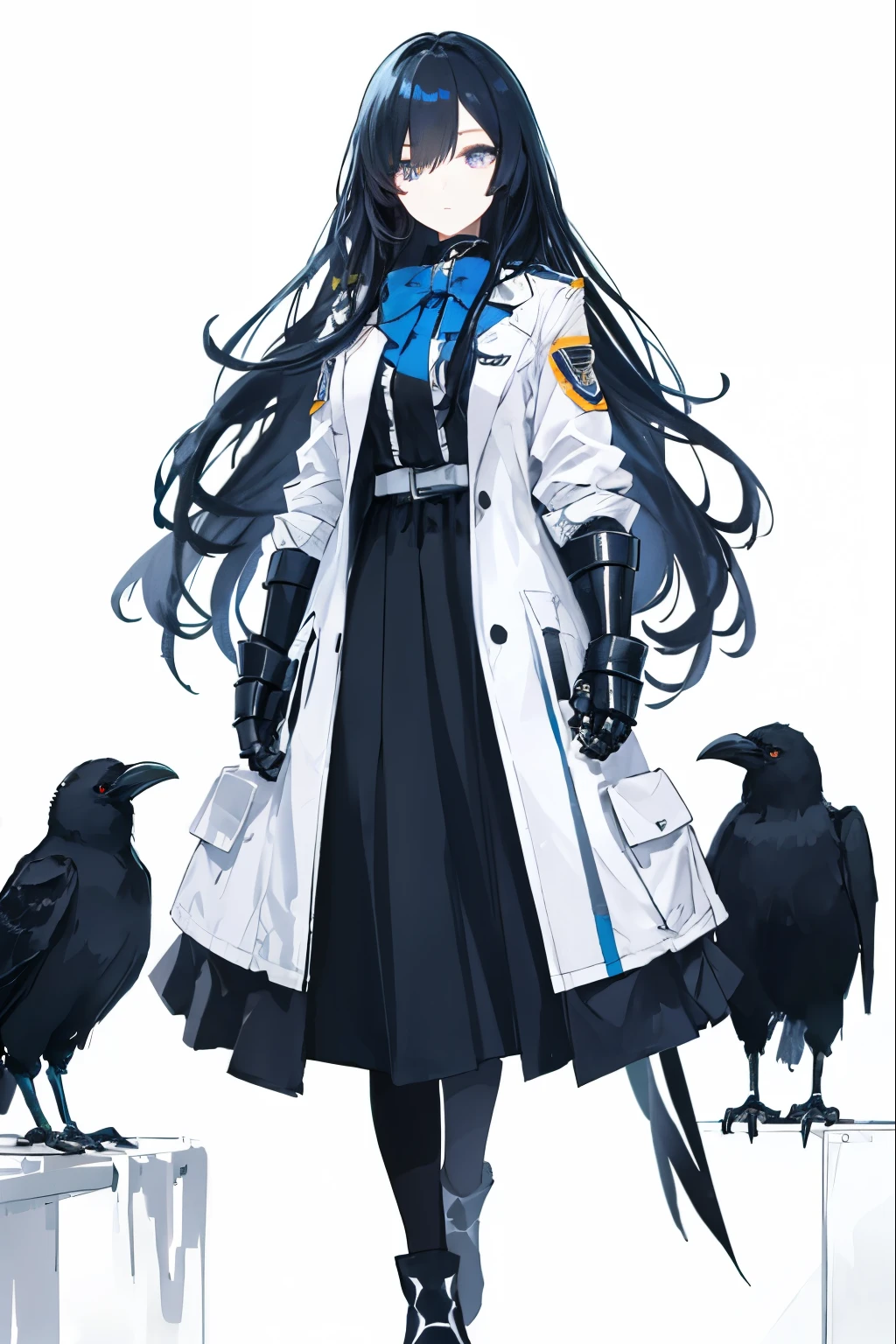 girl,Long Black Hair, The inside of the hair is blue、Iris,White coat,uniform、masterpiece, highest quality, Super detailed, Downcast eyes,Tabletop, highest quality), (Perfect athletic body:1.2),8K High Resolution, Trend Art Station, White Background, Standing in the Wilderness,whole body、Crow-shaped gauntlets