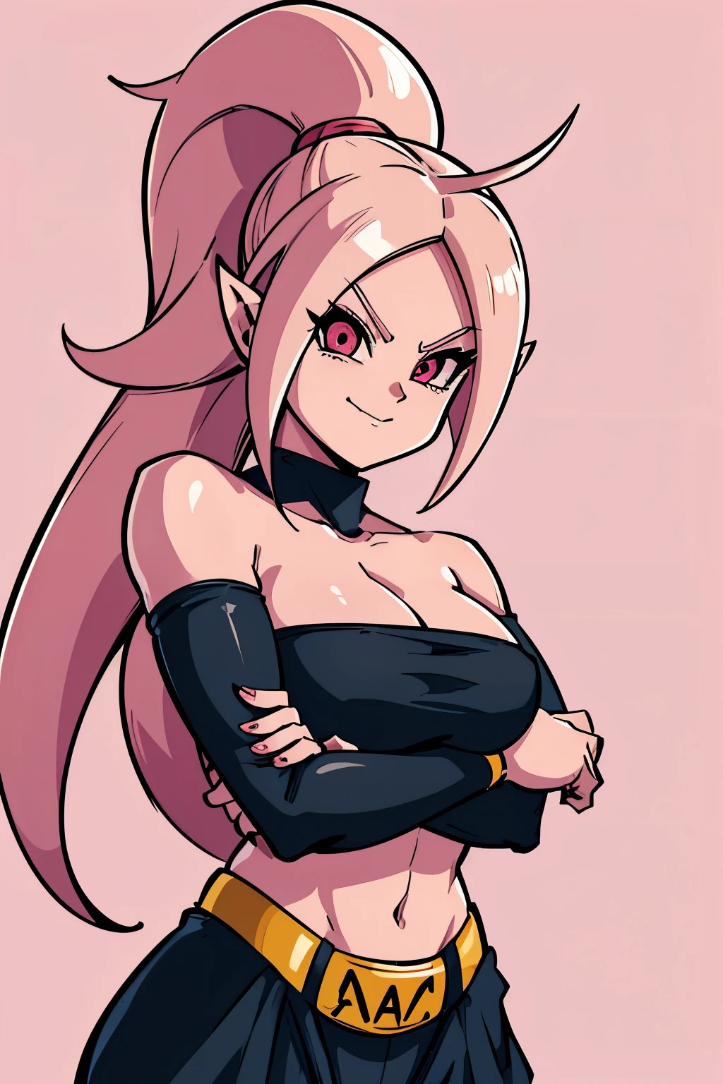 (high-quality, breathtaking),(expressive eyes, perfect face) 1girl, female, solo, portrait, teenager, Symmetrical Eyes, pink tentacle hair, smiling, red eyes, tentacle hair, round ears, baggypants, belt, black tube top, midriff, cleavage, bare shoulders, alien, shoulder holes, standing, pink color skin, bubbly personality, female majin buu, Fmajin, Majin buu character, dragon ball z artstyle, Akira Toriyama artstyle, Android 21 Majin character, ponytail,
