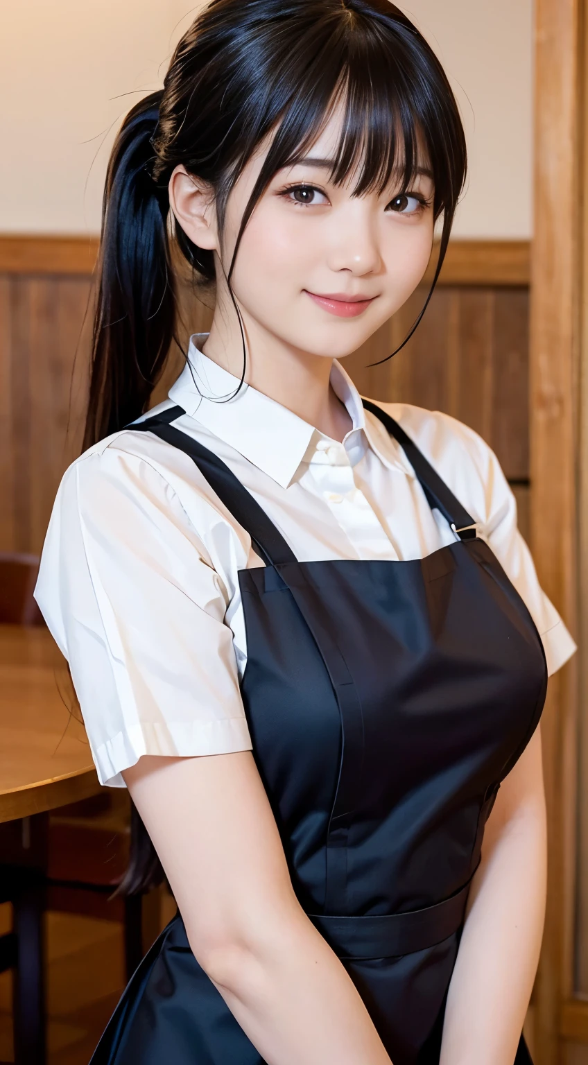 (highest quality,masterpiece:1.3,Ultra-high resolution,),(Very detailed,Caustics),(Photorealistic:1.4,RAW shooting,)Ultra-Realistic Capture,Very detailed,High resolution 16K human skin closeup。 Natural skin texture、,Pores、、、、It must be detailed enough to be easily identifiable。 Skin tone is even and healthy looking。 Use natural light and color,restaurant,Waitress Uniform,1 girl,Japanese,18-year-old,cute,Black-haired,ponytail,Big Breasts,smile,Turn your body forward,(Front view:1.1),Looking at the camera,Cowboy Shot,