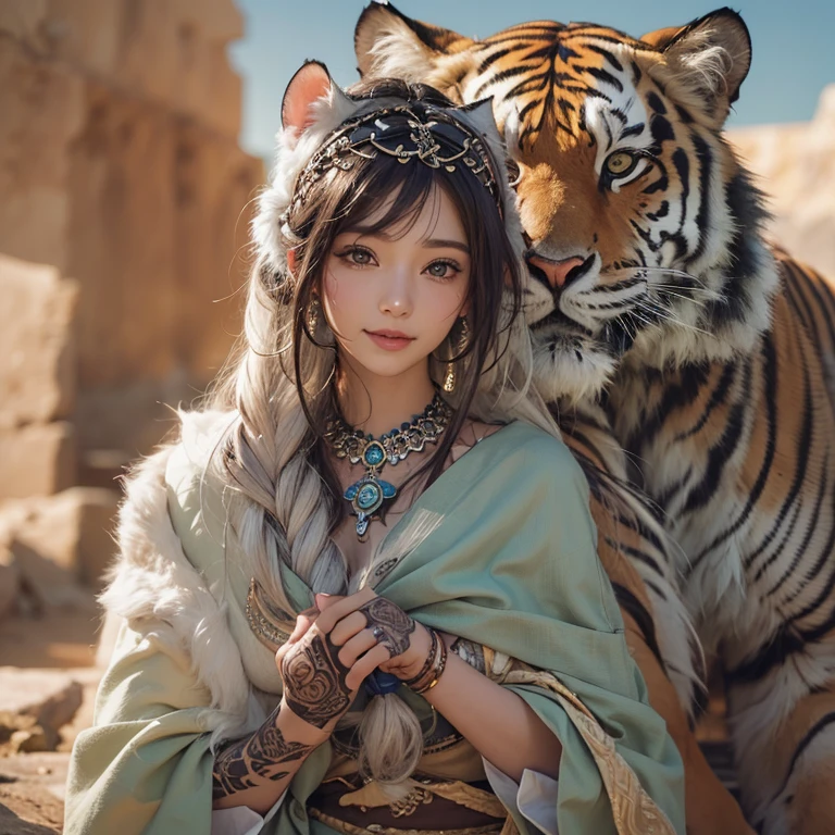 Hiding in the desert、Hair flow、 ((highest quality、masterpiece、8k、Best image quality、Ultra-high resolution、Award-winning works)、(Accurate anatomy:1.1)、(Look at me and smile:1.1)、Shining fair skin with Ultra-high resolution、The most detailed face、Ultra-high resolution detailed face、Ultra-high resolutionの髪の毛、(Ultra-high resolutionの煌めく瞳:1.1)、Beautiful face drawn in every detail、(Blurred Background:1.1)、Ancient Islamic clothing, Chest to Chest, tattoo, Old ruins in the background、Next to the tiger