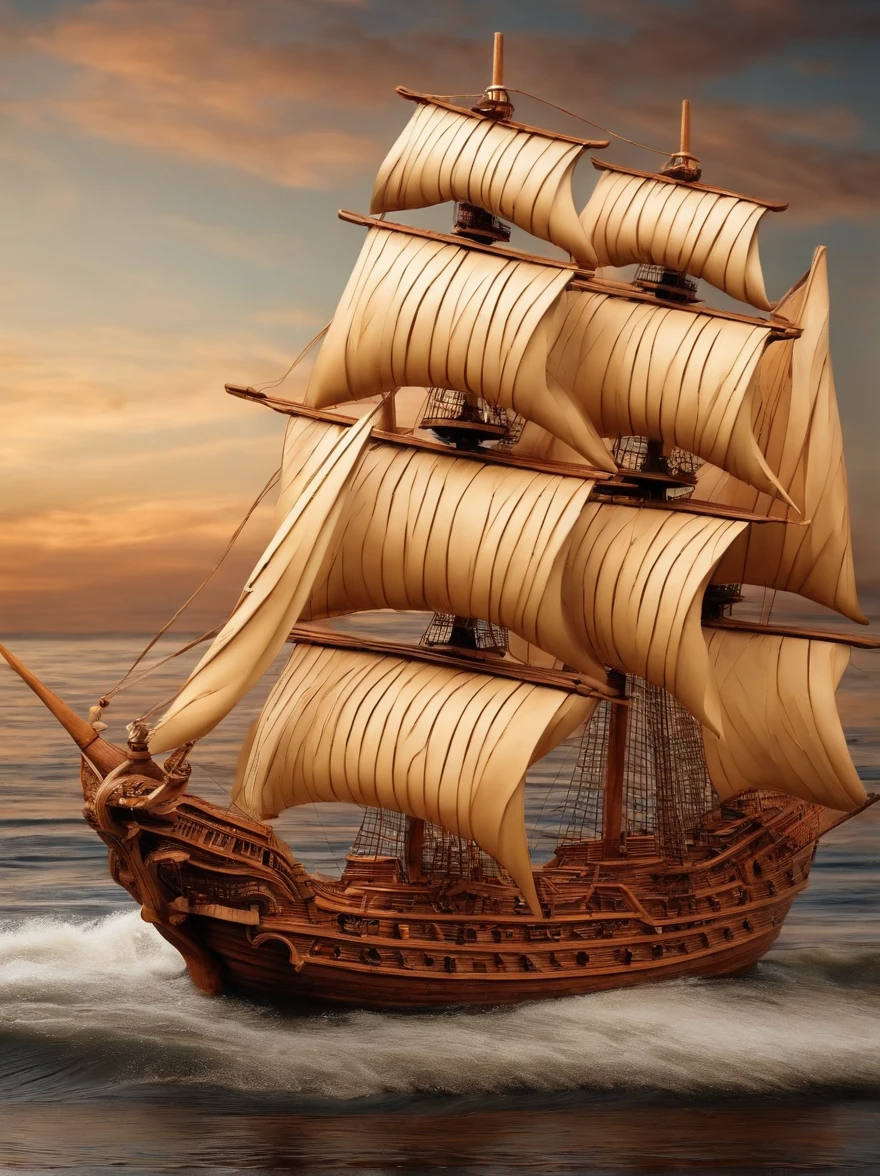 Carving of a sailing ship on a wooden pencil