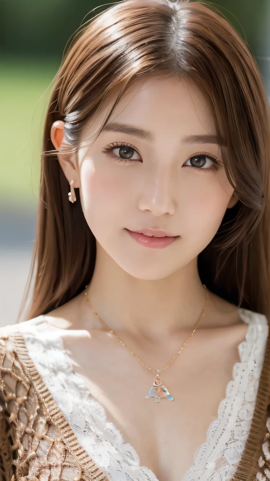 8k, highest quality, masterpiece, Realistic, Realistic, Very detailed, Natural light, Highly detailed face and skin, Fine grain, Highly detailed face and skinの中間ショット, Beautiful woman looking back at the camera, Beautiful Face, Realistic Face, Detailed face, Beautiful hairstyle, Realistic eyes, fine grain, Realistic Skin, Detailed skin, Beautiful Skin, charm, Ultra-realistic, ((necklace,Lace Cardigan, kind, Brown Hair, Cute Japanese Idol, whole body,Dimples,whole bodyショット)),