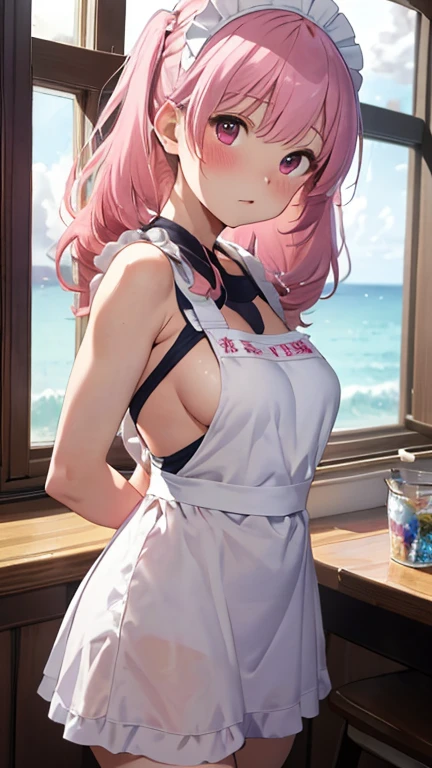 masterpiece、highest quality、Very detailed、Photograph the upper body、1 female、(Arms behind your back:1.4)、Are standing、Turn your body forward、View your viewers、(White prim、Maid:1.1、School Swimsuit、apron)、blush、shy、Pink Hair、Open your mouth、Ocean、Big Breasts、