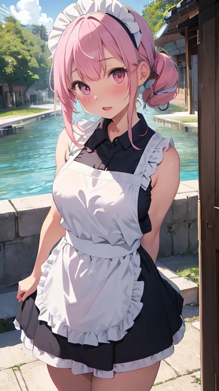 masterpiece、highest quality、Very detailed、Photograph the upper body、1 female、(Arms behind your back:1.4)、Are standing、Turn your body forward、View your viewers、(White prim、Maid:1.1、School Swimsuit、apron)、blush、shy、Pink Hair、Open your mouth、Ocean、Big Breasts、
