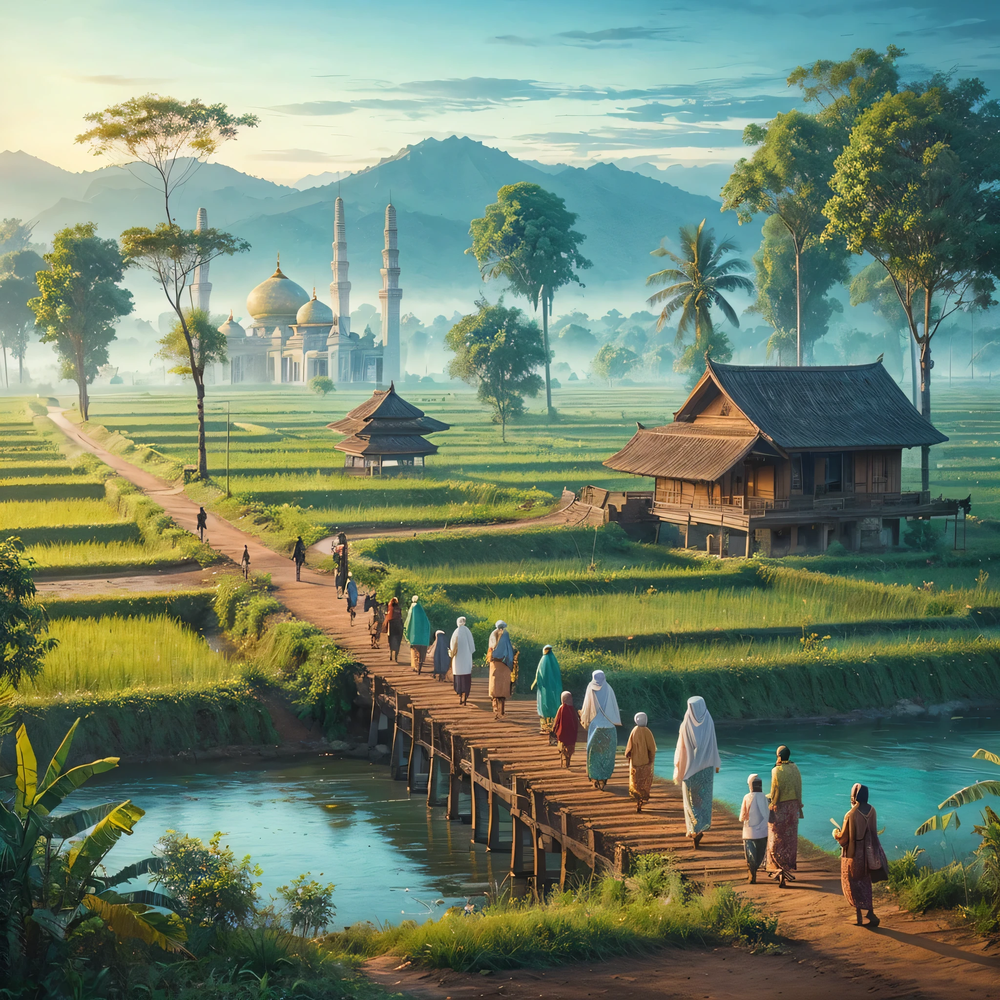 a group of people walking down a dirt road, a detailed matte painting, by Rudy Siswanto, sumatraism, with beautiful mosques, an indonesian family portrait, islamic art, bridge between the worlds, andrey gordeev, blissful journey