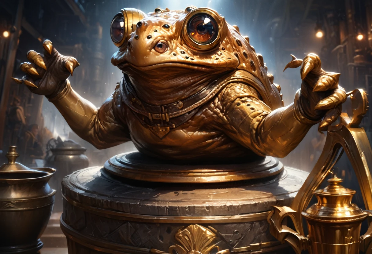 (best quality,ultra-detailed,realistic:1.37),(vivid colors,sharp focus),portraits,studio lighting,golden trophy,steampunk battle toad,urn,victory pose,white pedestal