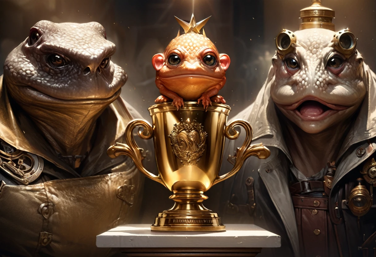 (best quality,ultra-detailed,realistic:1.37),(vivid colors,sharp focus),portraits,studio lighting,golden trophy,steampunk battle toad,urn,victory pose,white pedestal