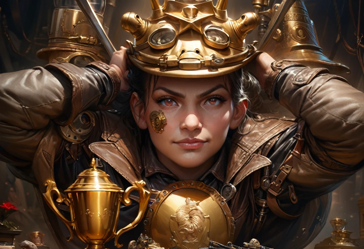 (best quality,ultra-detailed,realistic:1.37),(vivid colors,sharp focus),portraits,studio lighting,golden trophy,steampunk battle toad,urn,victory pose,white pedestal