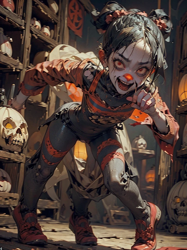 (Brutal horror:1.1、Dark and spooky atmosphere)、A spine-chilling scream、Dimly lit room、Abandoned and dilapidated building、Gruesome and spooky details、An atmosphere full of suspense and tension、Psychological horror、Cute Smile、Mysterious and unsettling atmosphere、A terrifying moment、Unforgettable、Cute ass、Nightmare scenario、The twisted madness of a murderer、Smiling clown、bright red nose、Open costume、Dramatic lighting effects、Striped shirt、Big shoes、Enthusiastic atmosphere、Mischievous Smile、Expressive gestures、Comical movement、Circus Tent、Festive mood、Exciting performance、Written by Hirohiko Araki、Ukiyo-e