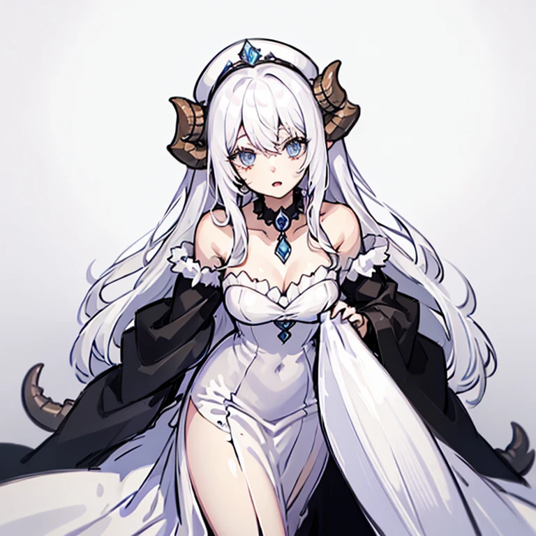 ((masterpiece)), ((bestquality)), 1 girl, solo, a 15-year-old girl, white hair, blue eyes, detailed face, dragonian_head, dragonian_body, dragonian_hairstyle, dragonian_horns, dragonian_tail, one white tail, white long dress, black choker, hat, close range, pov_hands, ((white background))