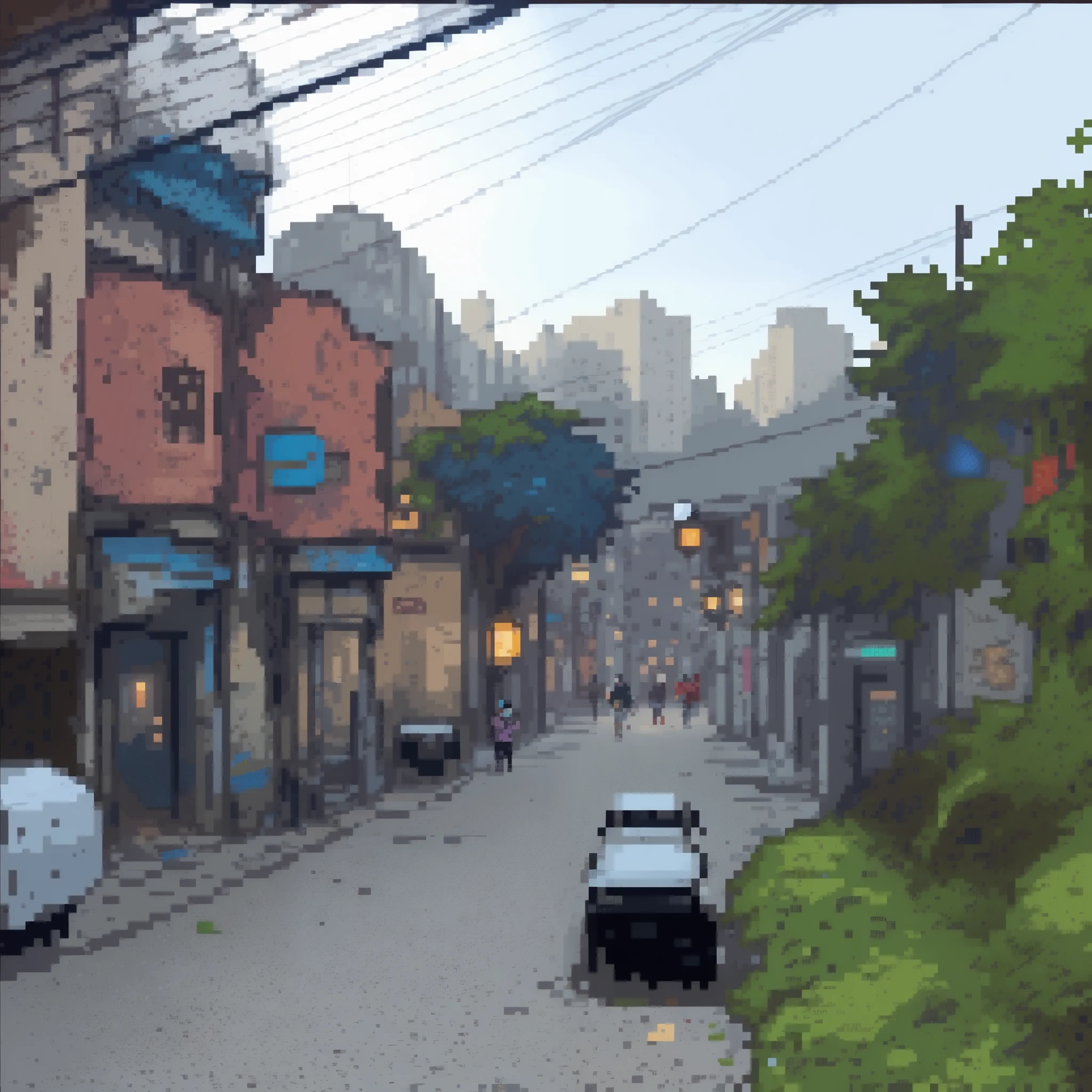 detailed graffiti, vibrant colors, urban life, bustling atmosphere, night scene, streetlights, harmonious blend of old and new architecture. (best quality, 4k, highres, pixel art, concept artists), [fight game background], [soft lighting], [nostalgic vibe] pixelart 