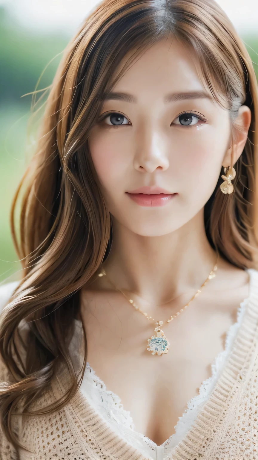 8k, highest quality, masterpiece, Realistic, Realistic, Very detailed, Natural light, Highly detailed face and skin, Fine grain, Highly detailed face and skinの中間ショット, Beautiful woman looking back at the camera, Beautiful Face, Realistic Face, Detailed face, Beautiful hairstyle, Realistic eyes, fine grain, Realistic Skin, Detailed skin, Beautiful Skin, charm, Ultra-realistic, ((necklace,Lace Cardigan, kind, Brown Hair, Cute Japanese Idol, whole body,Dimples,whole bodyショット)),