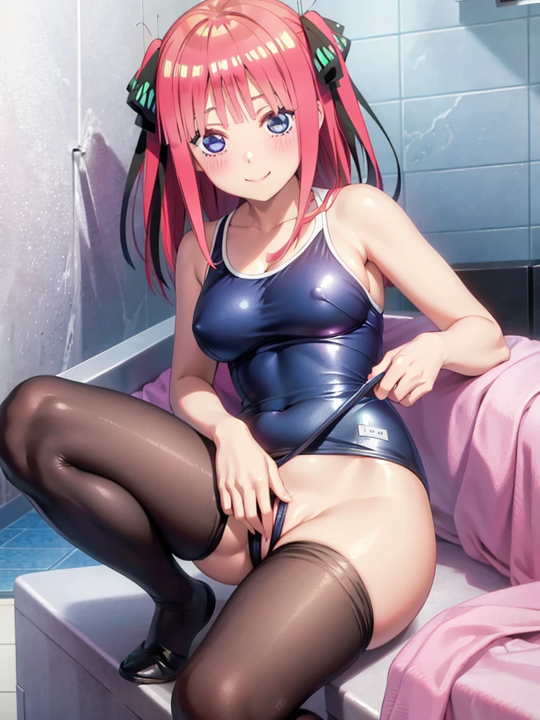 best quality, ultra-detailed masterpiece, nsfw, nino nakano, one-piece swimsuit, breasts, pantyhose, blush, smile, pussy, bathroom