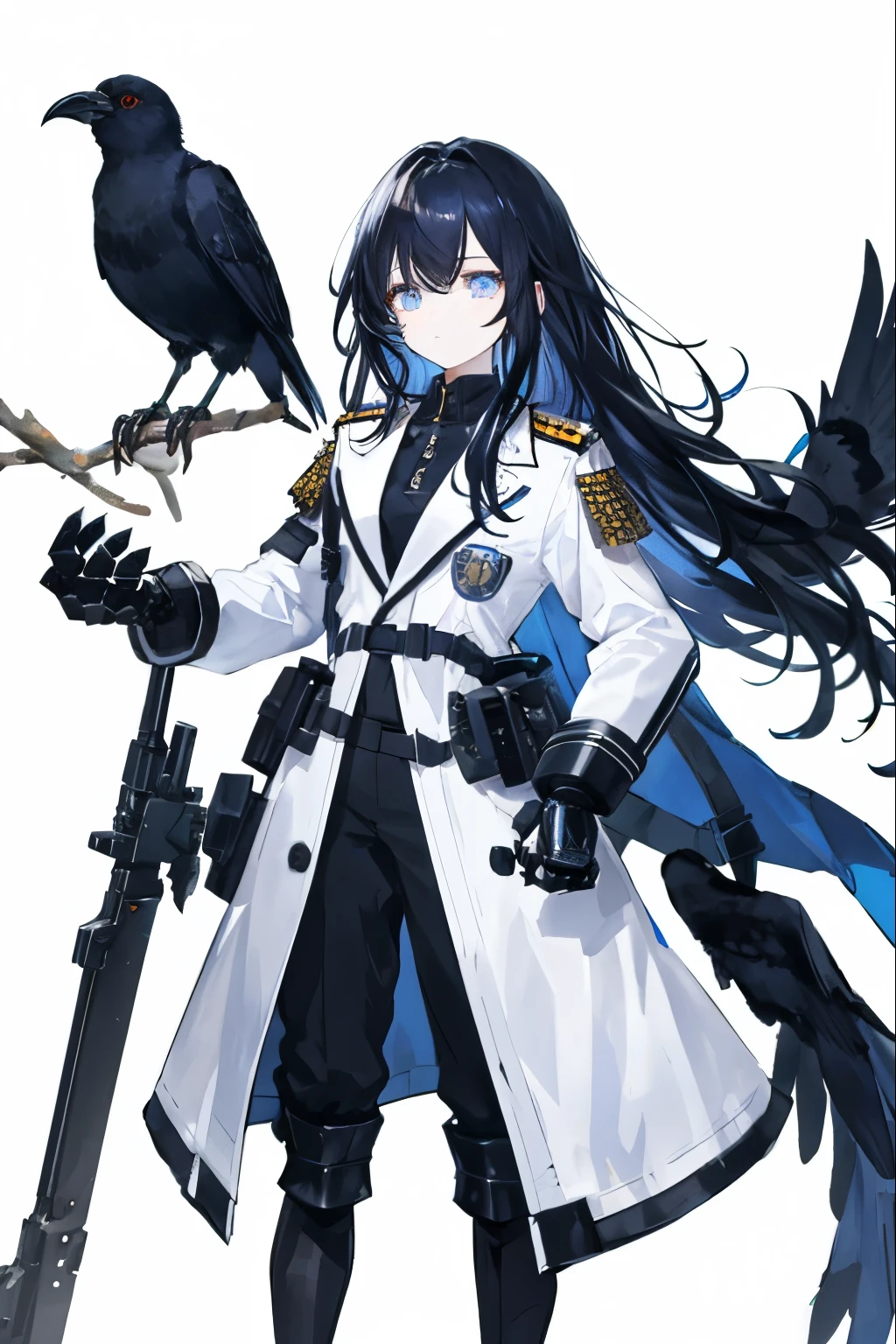 ,Long Black Hair, The inside of the hair is blue、Iris,White coat,uniform、masterpiece, highest quality, Super detailed, Downcast eyes,Tabletop, highest quality), (Perfect athletic body:1.2),8K High Resolution, Trend Art Station, White Background, Standing in the Wilderness,whole body、Crow-shaped gauntlets