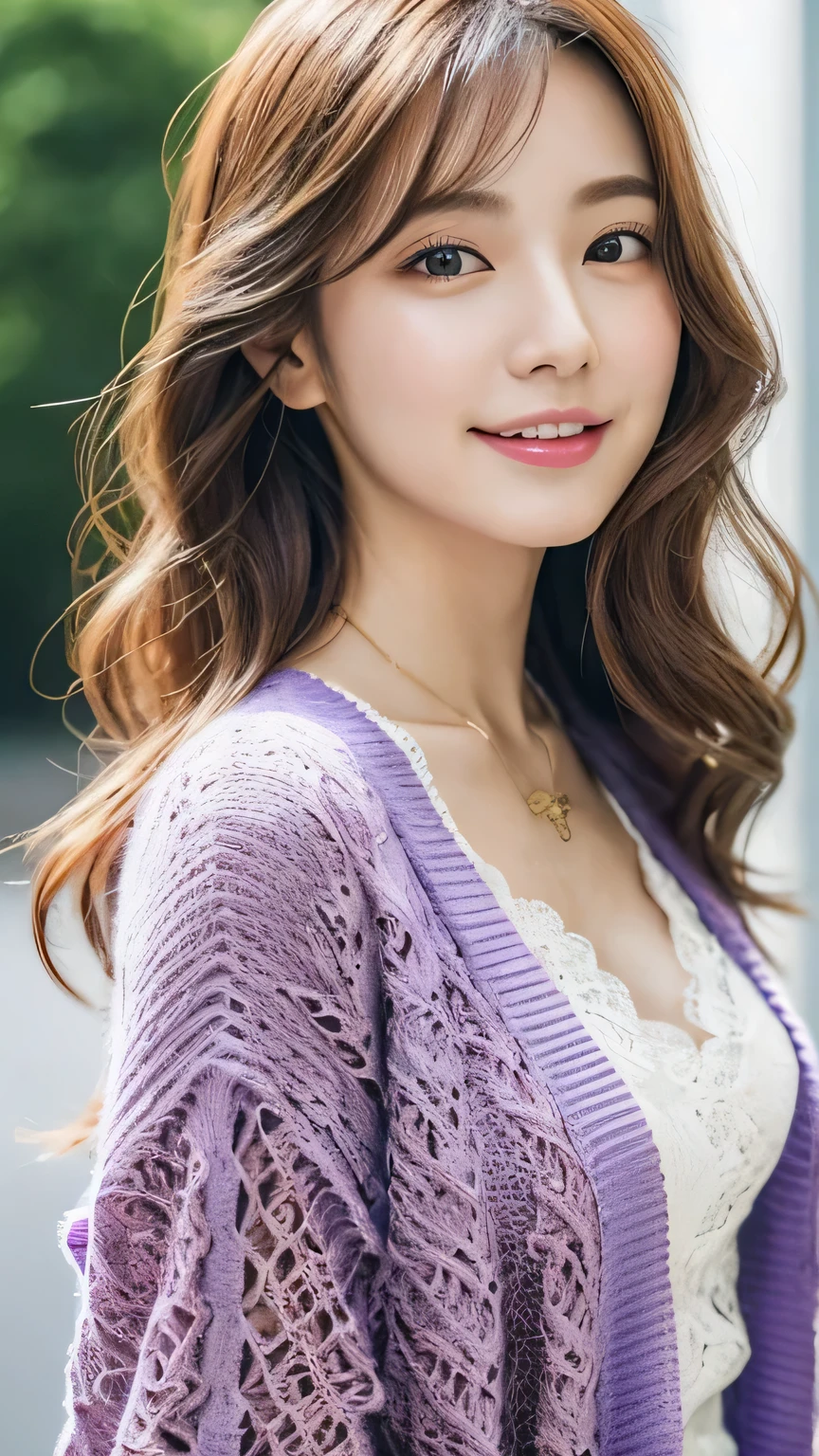 8k, highest quality, masterpiece, Realistic, Realistic, Very detailed, Natural light, Highly detailed face and skin, Fine grain, Highly detailed face and skinの中間ショット, Beautiful woman looking back at the camera, Beautiful Face, Realistic Face, Detailed face, Beautiful hairstyle, Realistic eyes, fine grain, Realistic Skin, Detailed skin, Beautiful Skin, charm, Ultra-realistic, ((necklace,Lace purple cardigan, kind, Brown Hair, Cute Japanese Idol, whole body,Dimples,whole bodyショット)),