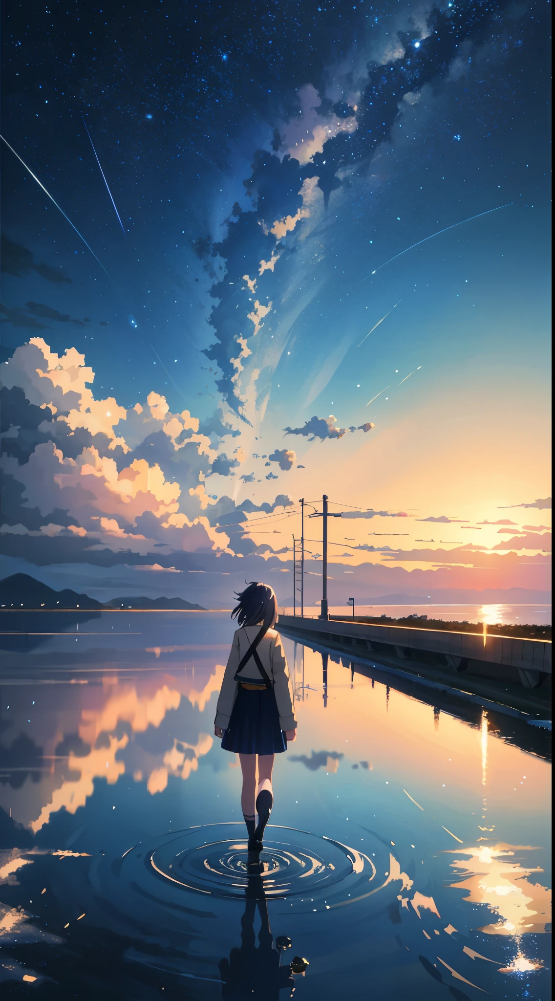 High quality masterpiece, landscape, anime train passing through bodies of water on tracks, bright starry sky. Romantic train, pixiv, concept art, lofi art style, reflection. by Makoto Shinkai, lofi art, Beautiful anime scene, Anime landscape, detailed scenery —width 672, in style of Makoto shinkai, style of Makoto shinkai, enhanced details.
