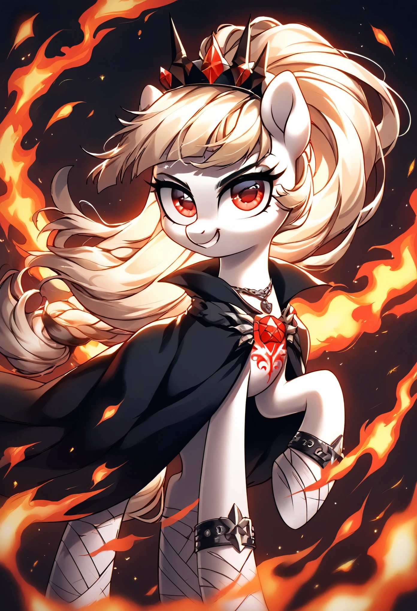 score_9, score_8_up, score_7_up, score_6_up, score_5_up, score_4_up, Lucifer Morningstar, MLP, black fur, firey hair, red eyes, death tattoo, black cloak, clockdesolate landscape, fire in the background, post-apocalyptic scene, only one pony, solo scene