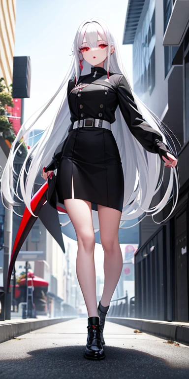 1girl ,white hair,red eyes, masterpiece, best quality, highres, long hair,silver hair, red eyes,alpha punishing gray raven ,outdoors, street, walking, :o