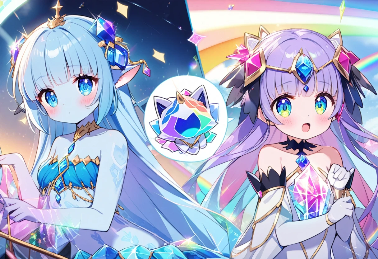 (2 subjects) (Subject 1: Cryptic girl in an action pose descending from the sky) and her companion (subject 2: a blue skinned water nymph, jewel adorned) have rescued a cute rainbow crystal kitty cat