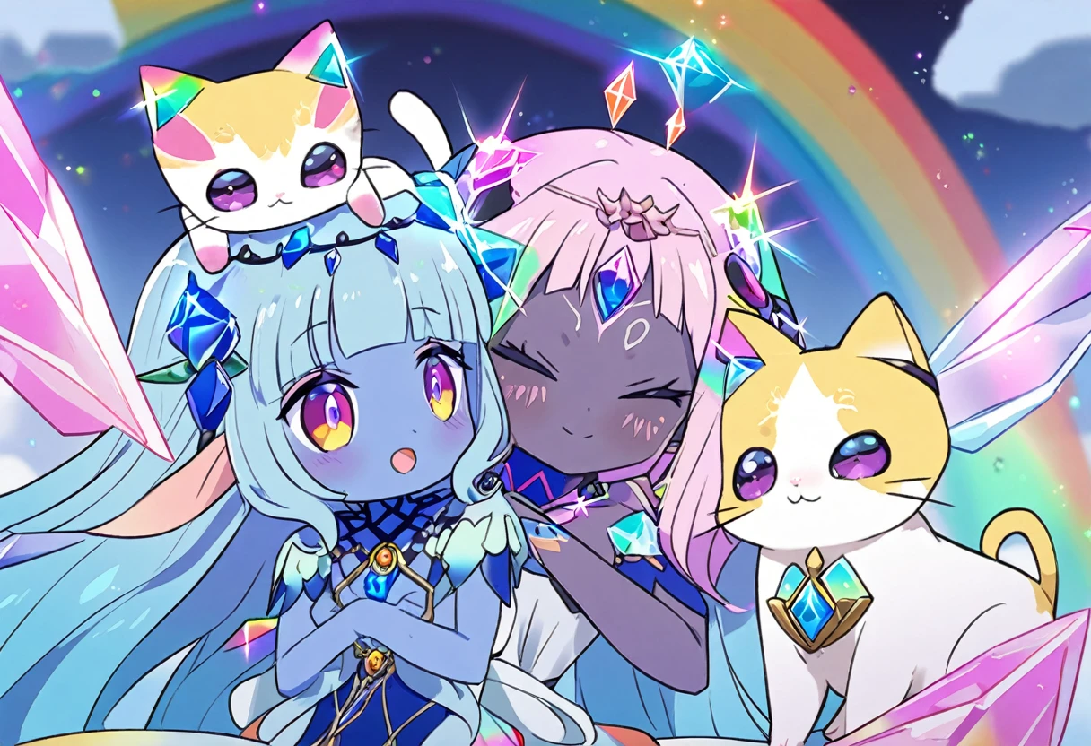 (2 subjects) (Subject 1: Cryptic girl in an action pose descending from the sky) and her companion (subject 2: a blue skinned water nymph, jewel adorned) have rescued a cute rainbow crystal kitty cat