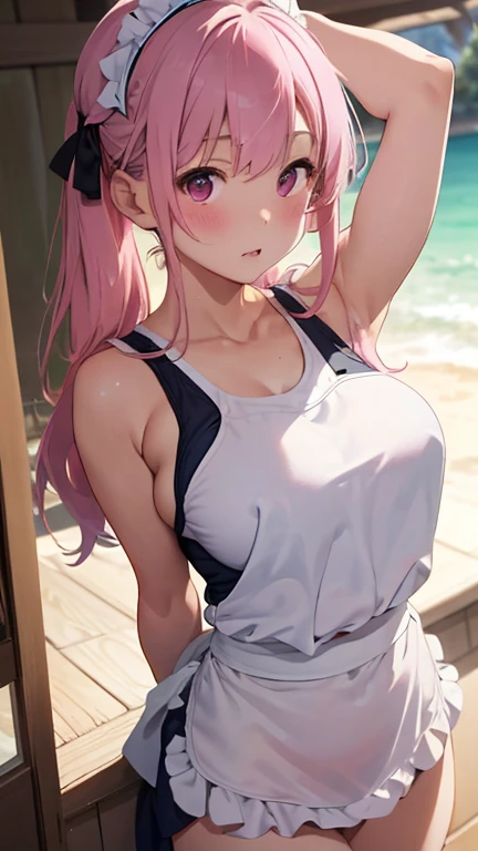 masterpiece、highest quality、Very detailed、Photograph the upper body、1 female、(Arms behind your back:1.4)、Are standing、Turn your body forward、View your viewers、(White prim、Maid:1.1、School Swimsuit:1.1、Waist Apron)、blush、shy、Pink Hair、Open your mouth、Ocean、Big Breasts、