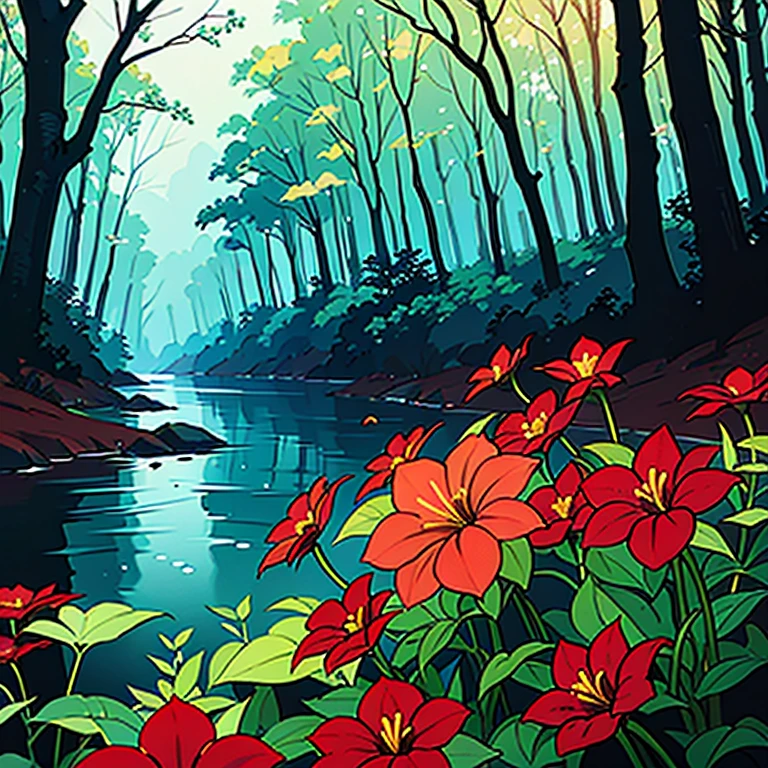 (red flower,dark red flower,playful leaves,leaves flying,beautiful midday light,bright flowers,clear water,close-up camera angle,forest in the background)