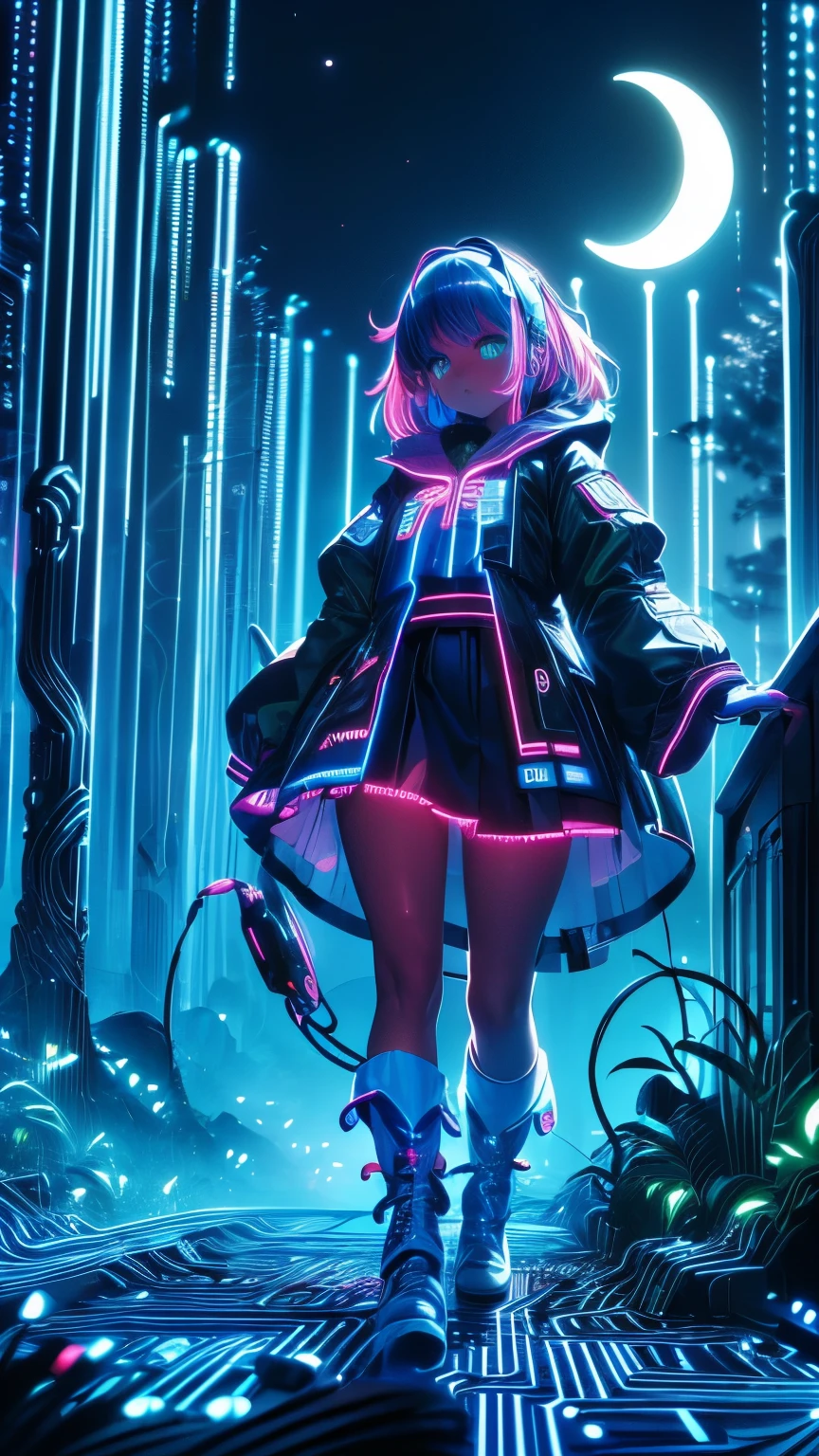 (Neon lights),circuit boards, skin girl, colorful clothes, long-sleeves puffy shirt, tulle skirt, white boots, forest at night, moonlight, giant moon, darkness, view from below, (UHD, masterpiece, ccurate, anatomically correct, textured skin, super detail, high details, award winning, best quality, 8k)