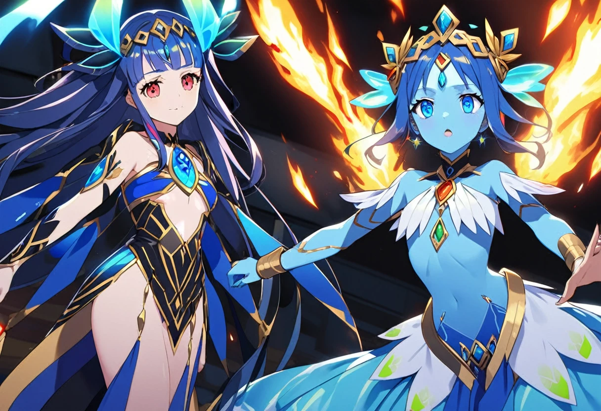 (2 subjects) (Subject 1: Cryptic girl in an action pose descending from the sky) and her companion (subject 2: a blue skinned water nymph, jewel adorned) combine their powers to fire an energy