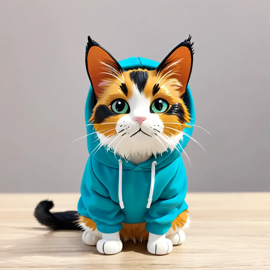 The calico cat wears a turquoise blue hoodie at stage art